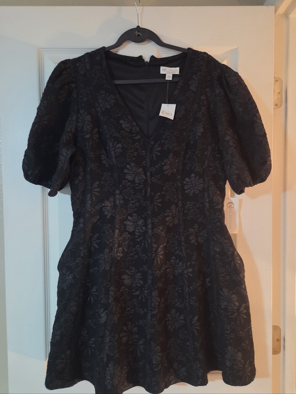 Cato Black Floral Jacquard V-Neck Dress with Puff Details XL Stretch New
